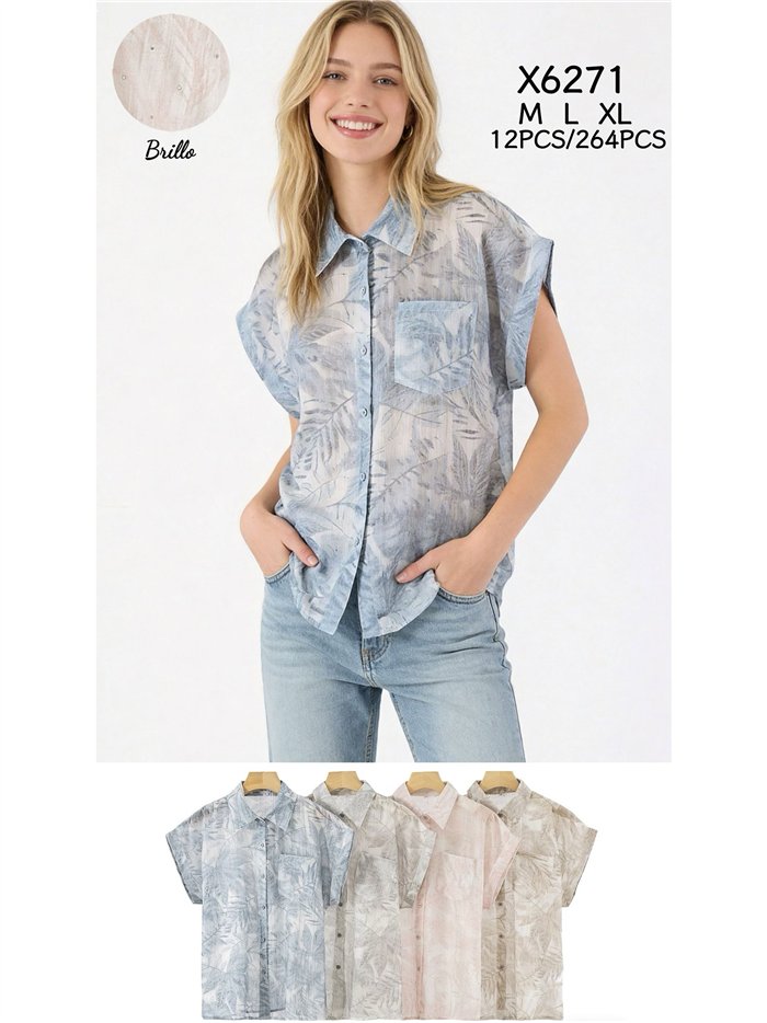 Camisa manga corta estampado hojas tropicales con strass