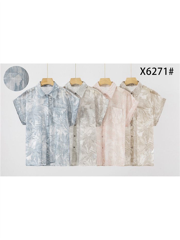 Camisa manga corta estampado hojas tropicales con strass