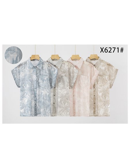 Camisa manga corta estampado hojas tropicales con strass