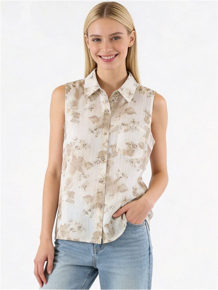 Camicetta senza maniche con stampa floreale ad acquerello e strass