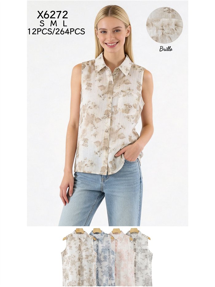 Camicetta senza maniche con stampa floreale ad acquerello e strass