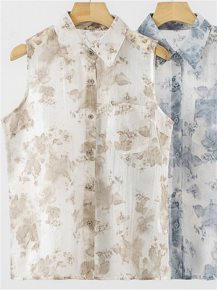 Camicetta senza maniche con stampa floreale ad acquerello e strass