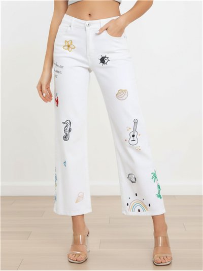 Jeans rectos blancos bordado marino