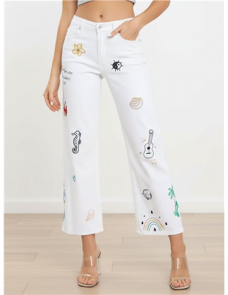 Jeans rectos blancos bordado marino
