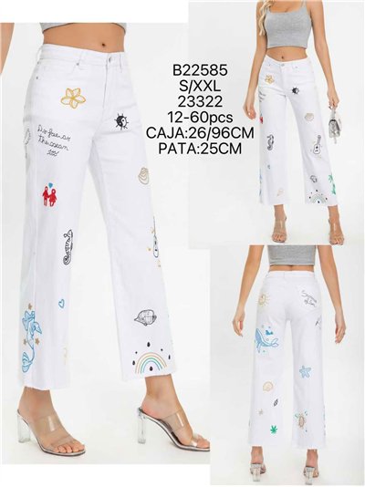 Jeans rectos blancos bordado marino 2