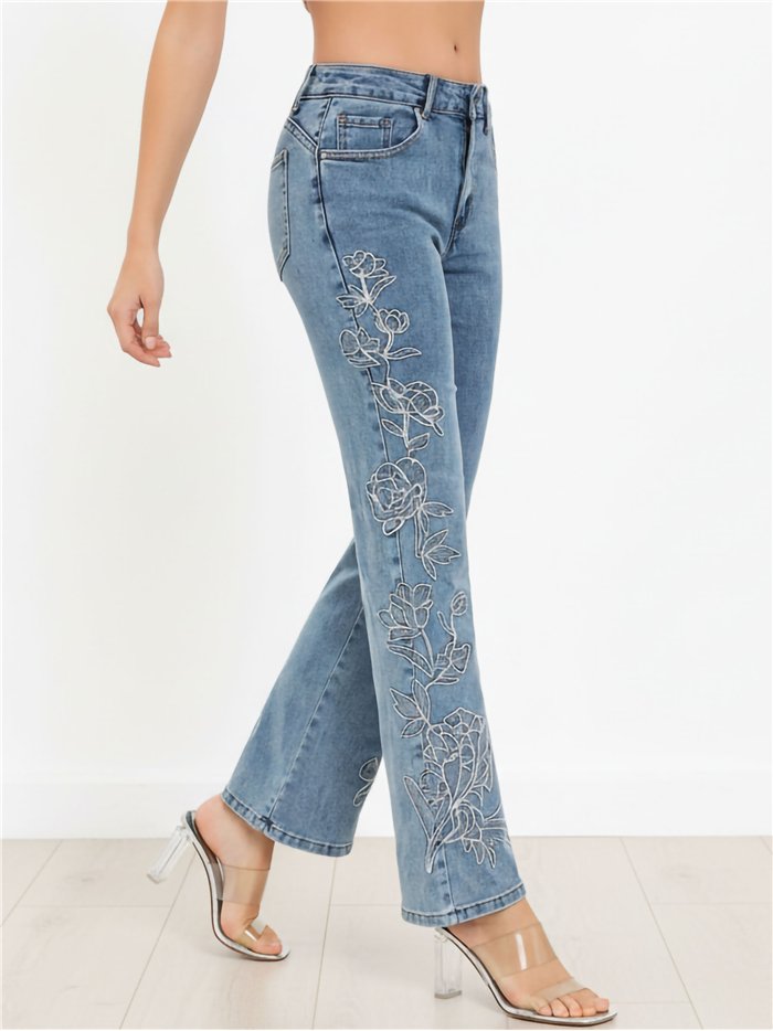 Jeans rectos bordado floral lateral