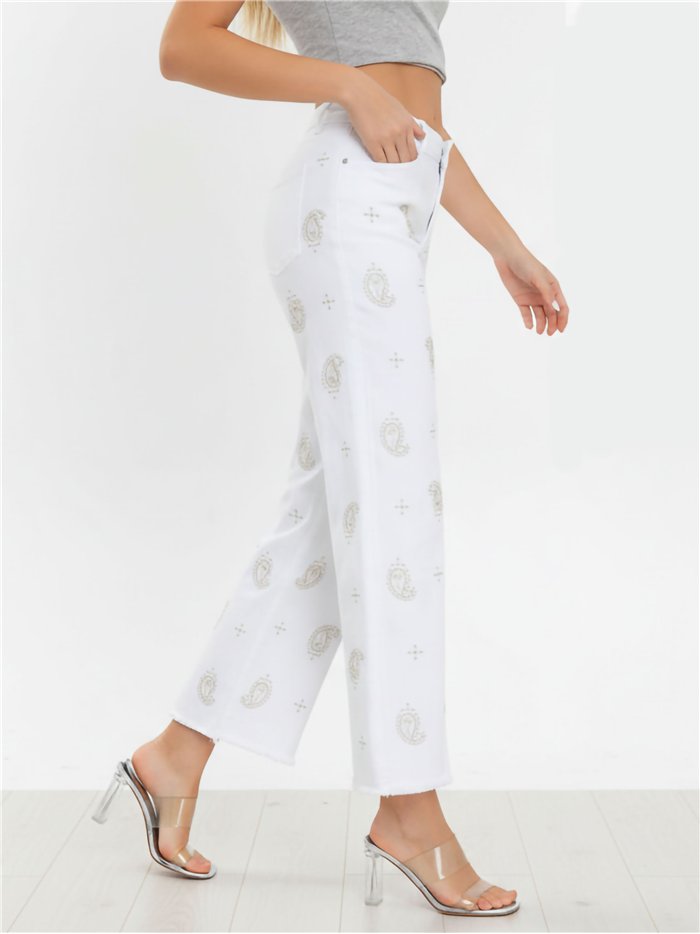 Jeans rectos blancos bordado cachemir