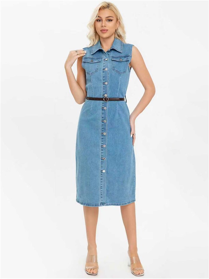 Belted midi denim shirt dress