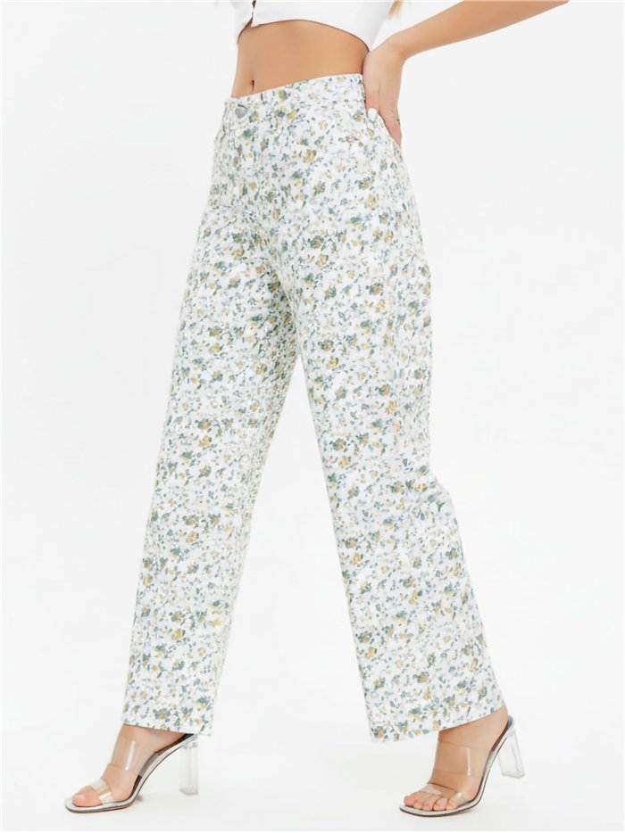 Pantalón denim wide leg estampado floral
