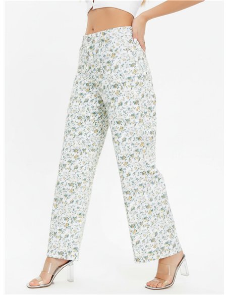 Pantalón denim wide leg estampado floral