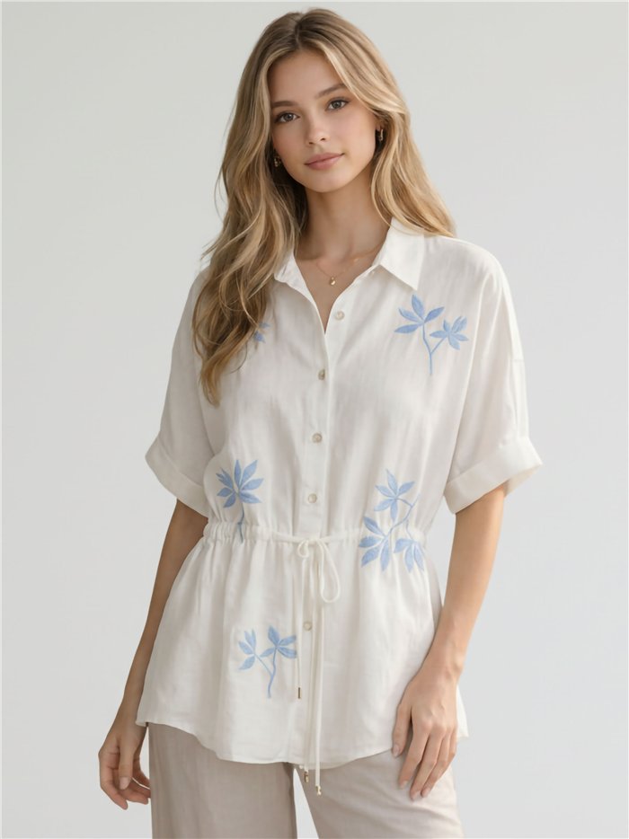 Embroidered leaf drawstring shirt