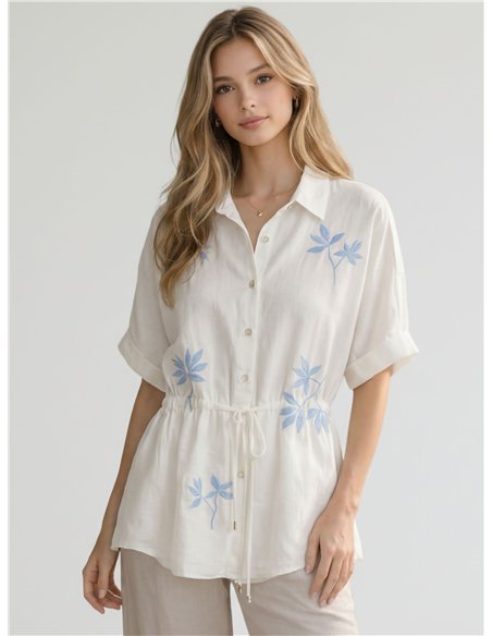 Embroidered leaf drawstring shirt
