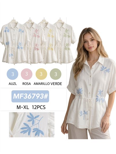 Embroidered leaf drawstring shirt 2