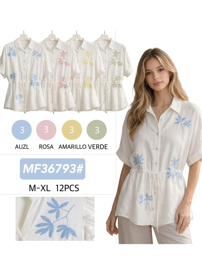 Embroidered leaf drawstring shirt