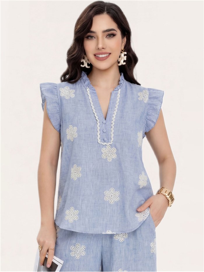 Blusa lino flores caladas