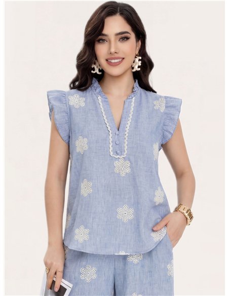 Blusa lino flores caladas