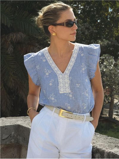 Blusa bordada lino manga volantes