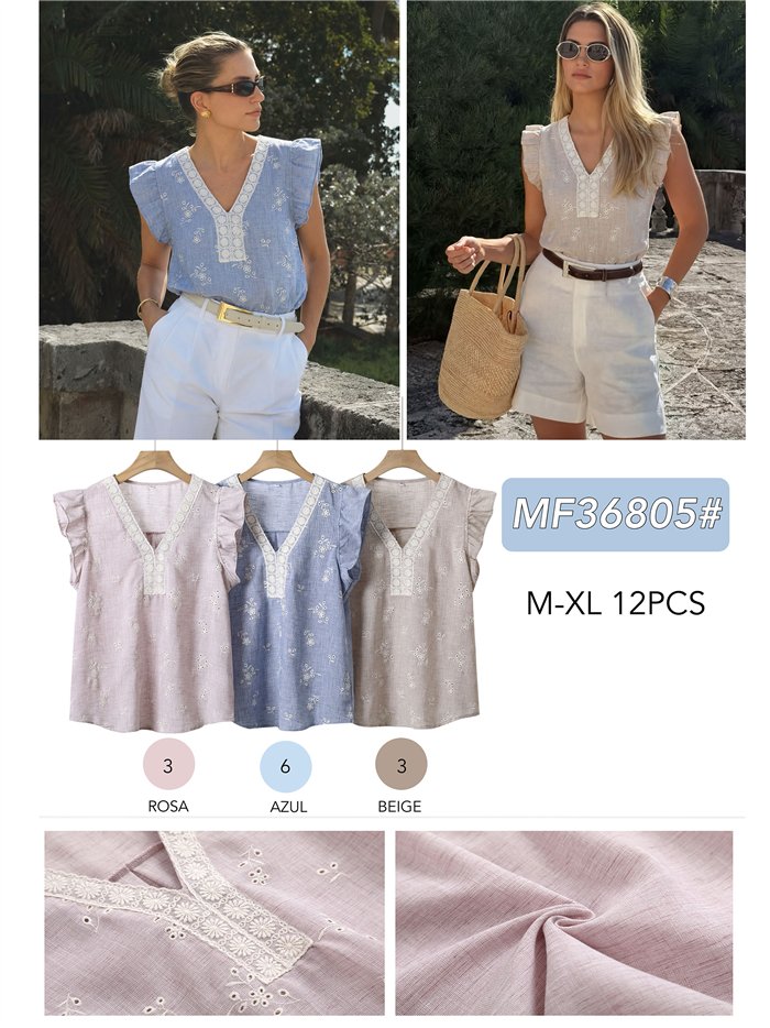 Blusa bordada lino manga volantes