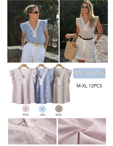 Blusa bordada lino manga volantes