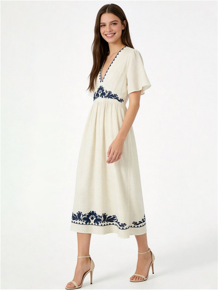 Leinen-Midikleid mit ethnischer Stickerei