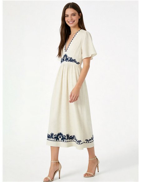 Leinen-Midikleid mit ethnischer Stickerei