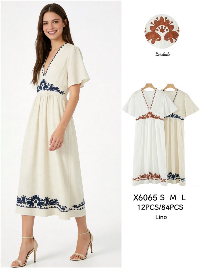 Leinen-Midikleid mit ethnischer Stickerei