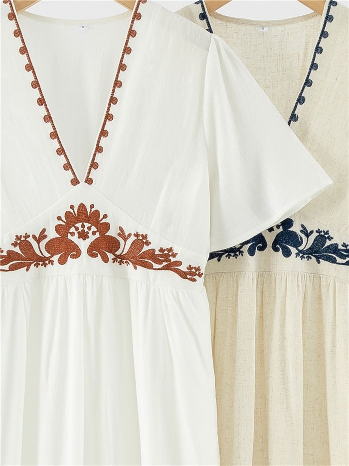 Leinen-Midikleid mit ethnischer Stickerei