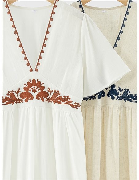 Leinen-Midikleid mit ethnischer Stickerei