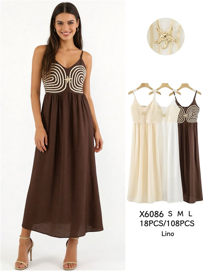 Linen maxi dress with seaside appliqué