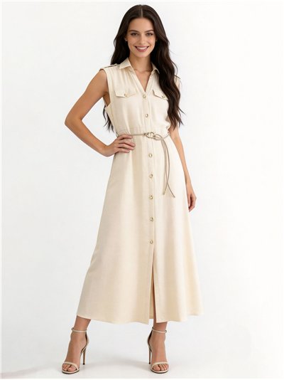 Sleeveless maxi shirt dress with cord belt