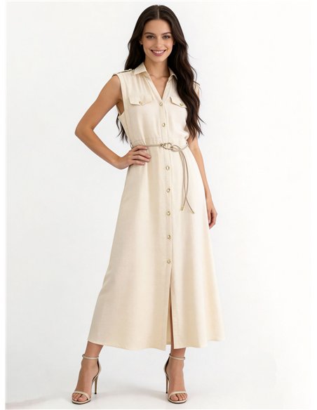 Sleeveless maxi shirt dress with cord belt