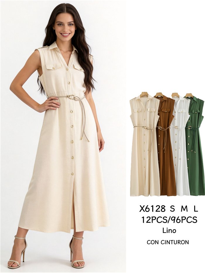 Sleeveless maxi shirt dress with cord belt