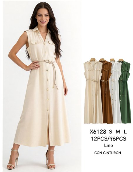 Sleeveless maxi shirt dress with cord belt