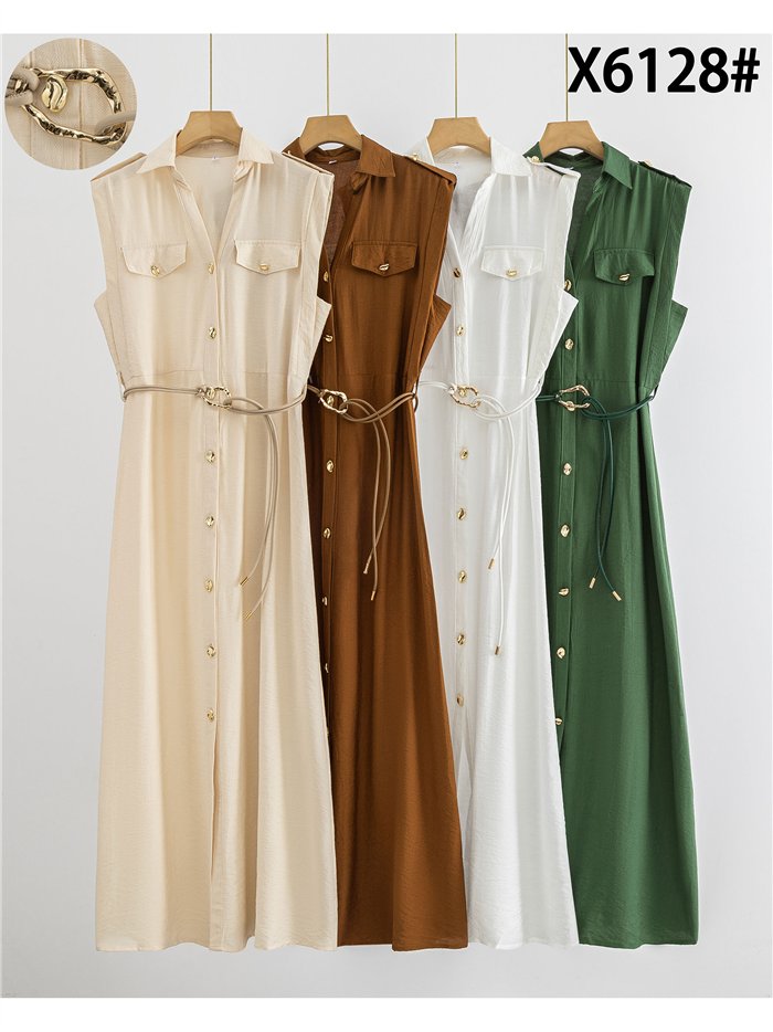 Sleeveless maxi shirt dress with cord belt