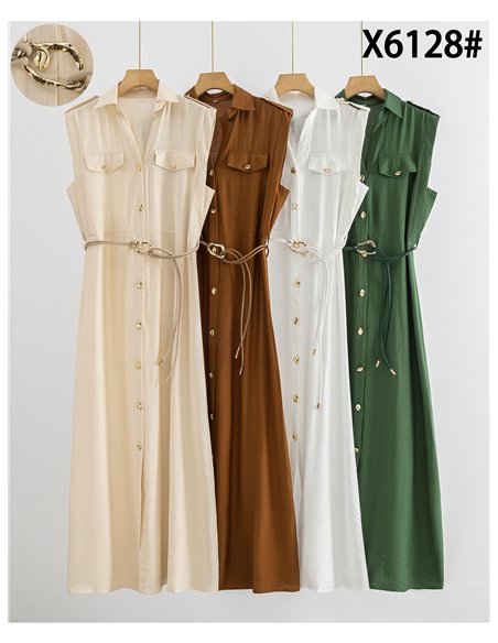 Sleeveless maxi shirt dress with cord belt
