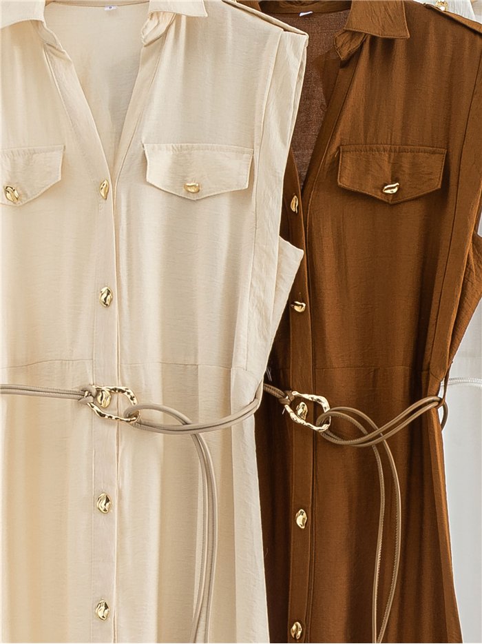 Sleeveless maxi shirt dress with cord belt
