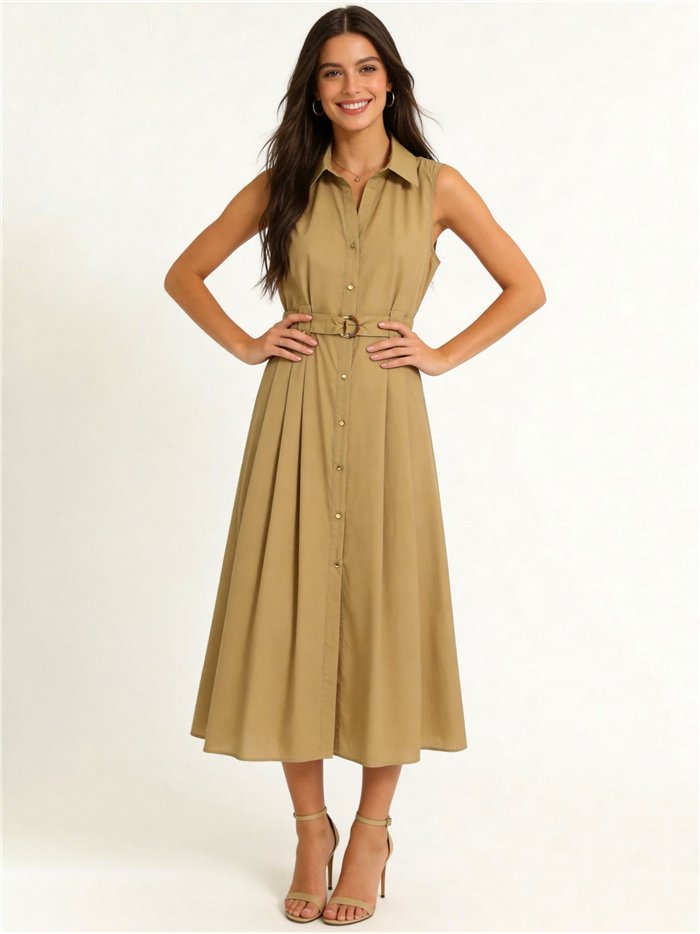 Vestido camisero midi sin mangas con cinturón hebilla