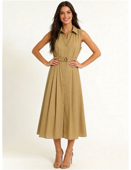 Vestido camisero midi sin mangas con cinturón hebilla
