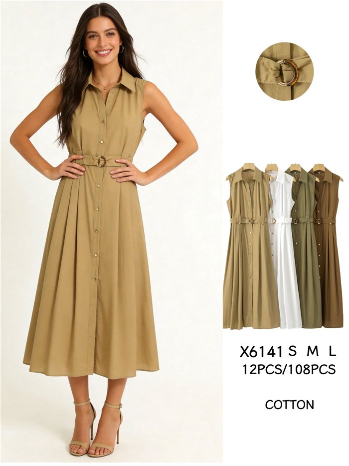 Vestido camisero midi sin mangas con cinturón hebilla