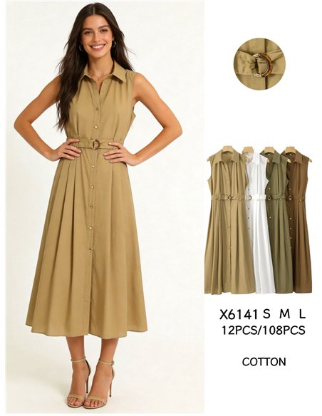 Vestido camisero midi sin mangas con cinturón hebilla