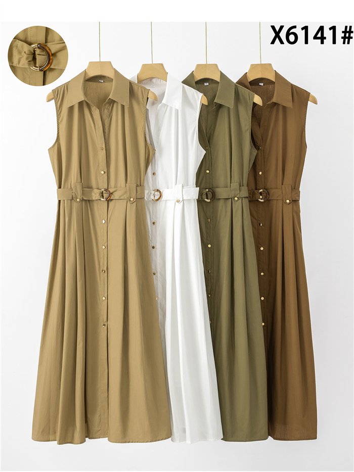 Vestido camisero midi sin mangas con cinturón hebilla