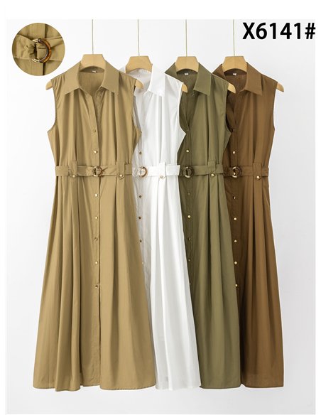Vestido camisero midi sin mangas con cinturón hebilla