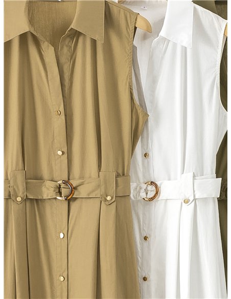 Vestido camisero midi sin mangas con cinturón hebilla