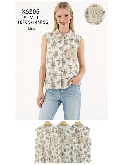 Ärmelloses Hemd aus bedrucktem Leinen mit gehäkelter Tasche 2