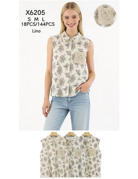 Ärmelloses Hemd aus bedrucktem Leinen mit gehäkelter Tasche