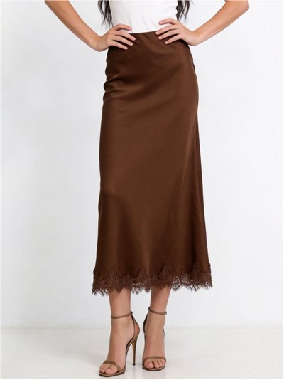 Falda midi satinada con encaje