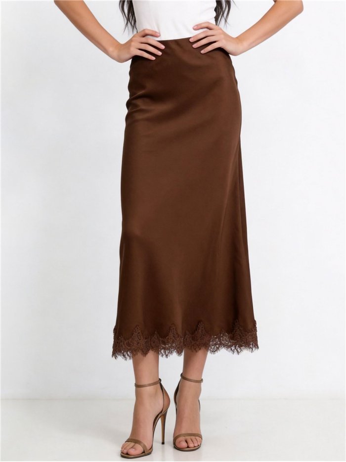 Falda midi satinada con encaje