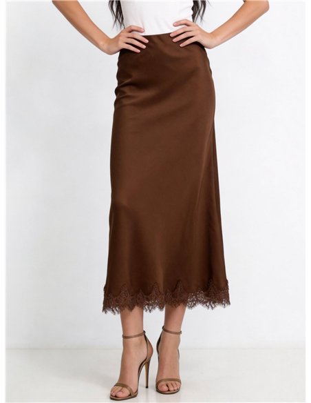 Falda midi satinada con encaje