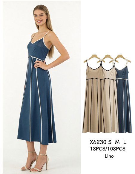 Vestido midi de lino con vivo a contraste