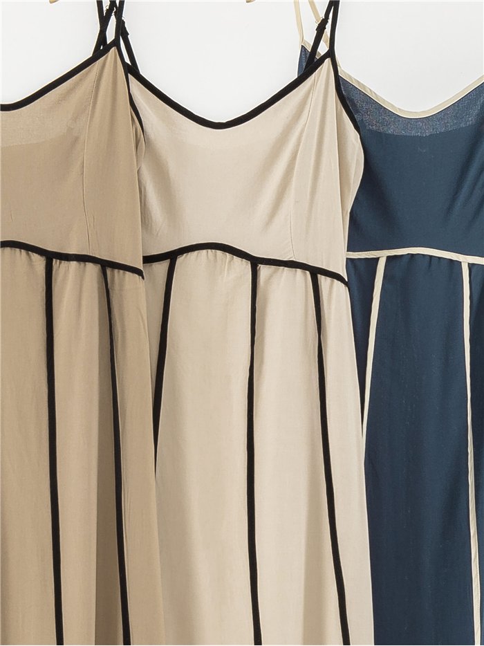 Vestido midi de lino con vivo a contraste